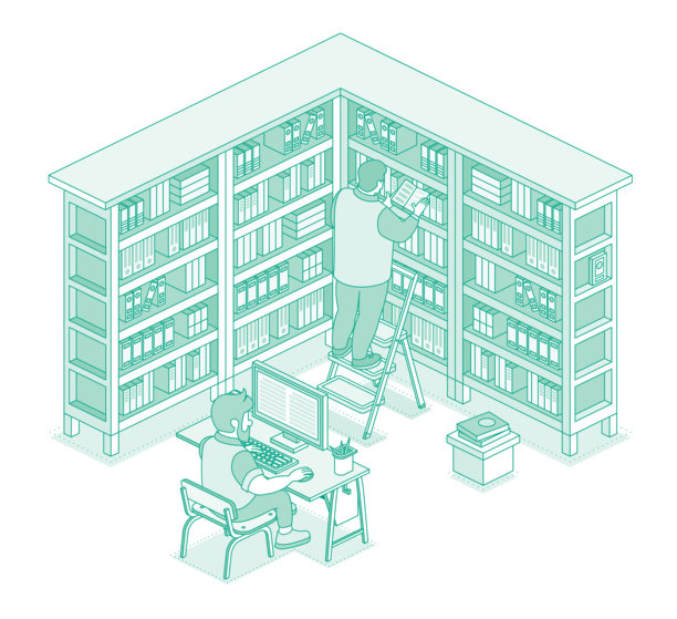等距图书馆，书架上有书。人站在梯子上读书。在线目录。男人坐在电脑前，阅读显示器上的文字。装满书的书柜。图片下载