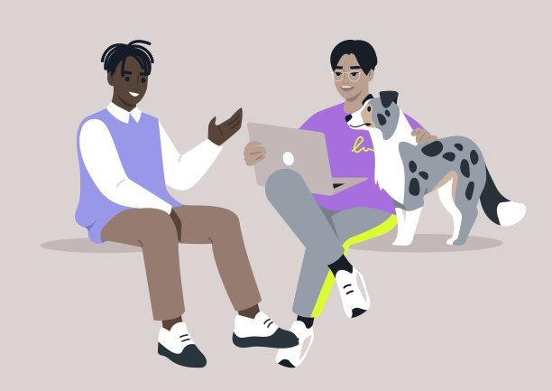 学生们在一个舒适的学习空间里，与一只友好的狗坐在一起，进行生动的交谈，享受一个轻松的下午图片下载