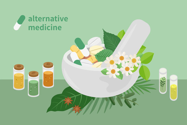 天然草药植物用钵和臼，草药和花卉产品或医疗化妆品治疗。图片下载