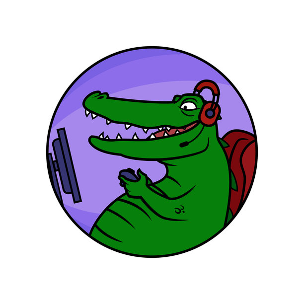 鳄鱼玩家在耳机玩视频游戏-卡通矢量人物吉祥物图片下载