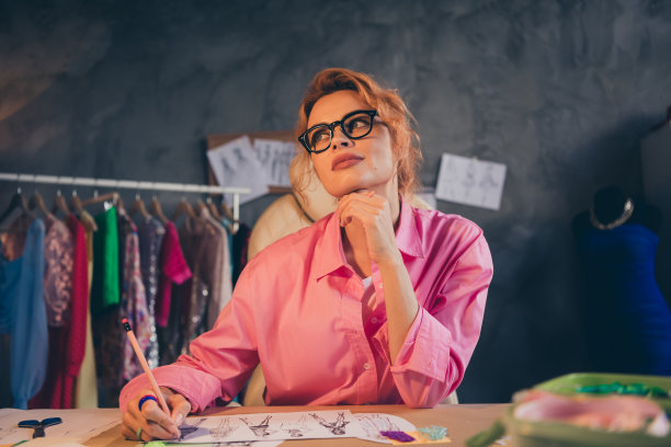 漂亮的年轻设计师女裁缝的照片认为画穿衬衫阁楼室内办公室室内图片下载