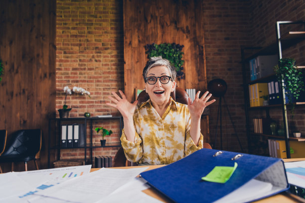 开朗快乐成功的高级女士的照片，坐在扶手椅天阁楼室内室内工作站工作空间图片下载