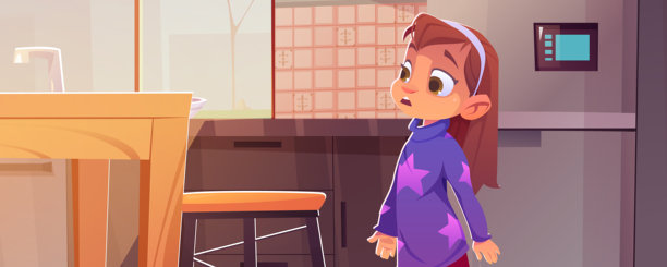 小女孩在厨房的桌子旁惊讶图片下载