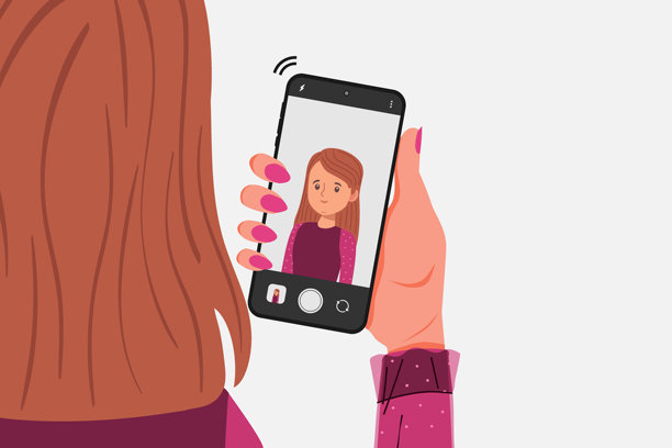 年轻女子正在用手机自拍。矢量插图。图片下载