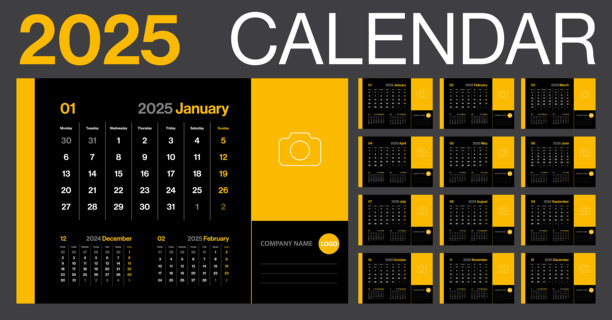 日历2025月-极简主义风格的企业景观水平日历2025年-矢量模板与地方的照片和个性化-欧洲网格-一周开始于周一图片下载
