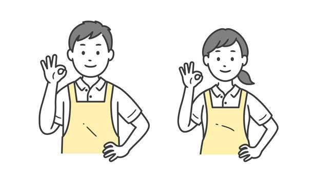 一名男性和一名女性看护者的上半身插图，他们摆出一个OK的姿势，把手放在臀部图片下载