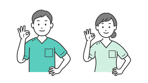 一名男性和一名女性牙医的上半身插图，他们摆出一个OK的姿势，把手放在臀部图片下载