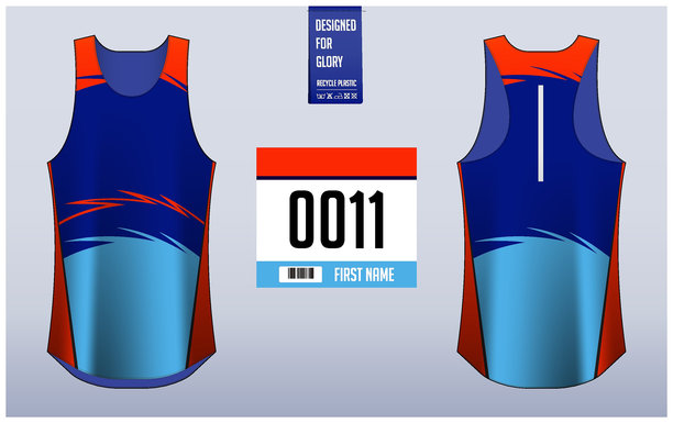 跑步衬衫设计模板，背心运动衫模型的运动员。运行单线模式。运动统一的前视图后视图。图片下载