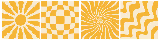背景是六七十年代嬉皮风格的太阳。Groovy复古黄色波浪，棋盘，日辉星爆与光线集合。时尚的彩色图形印刷。平面设计。图片下载