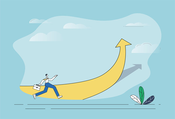 白领工人拿着公文包跑在上升的箭头符号上。图片下载
