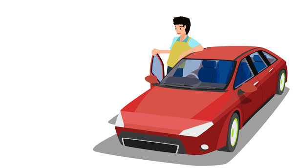 驾驶汽车打开车门的等距视图。图片下载