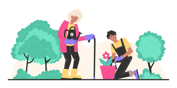 奶奶和孙子在花园里的花盆里种花浇花图片下载