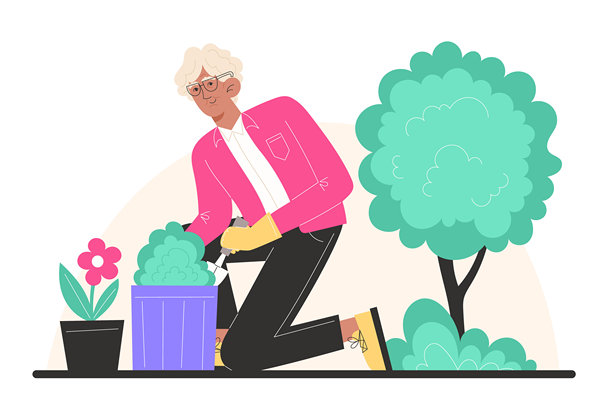 一位老人坐在花园里的花盆里种花图片下载