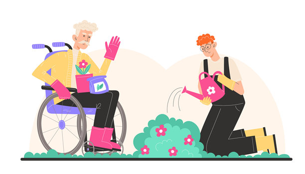 一位老人坐在轮椅上，孙子在花园里浇花图片下载