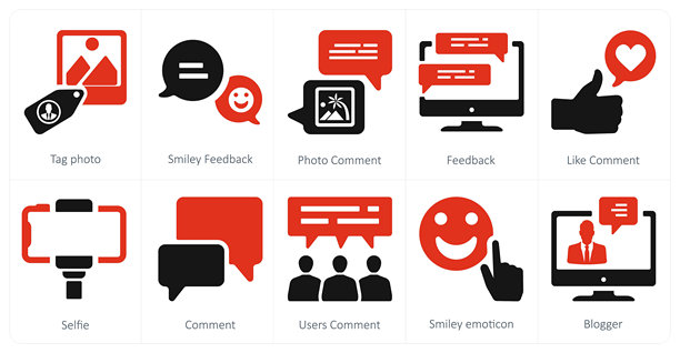 一套10个社会图标作为标签照片，笑脸反馈，照片评论图片下载