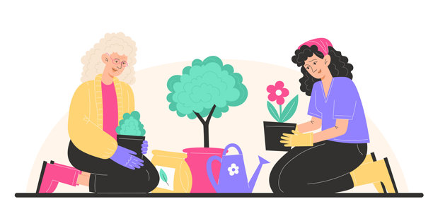 奶奶和孙女在花园里的花盆里种花图片下载