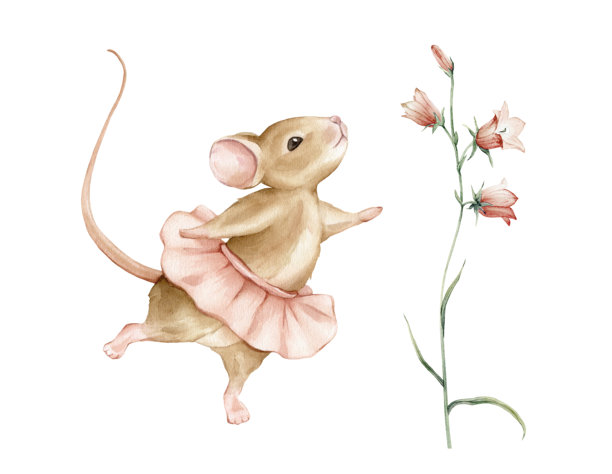 手绘水彩插图鼠标芭蕾舞女演员在一个粉红色的短裙和粉红色的蔓延风铃花。米色棕色可爱的动物跳芭蕾舞的姿势。年轻的芭蕾舞演员小孩插图孤立。图片下载