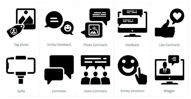 一套10个社会图标作为标签照片，笑脸反馈，照片评论图片下载