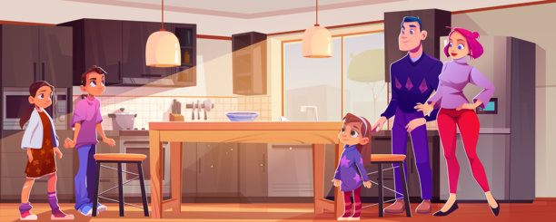 房子内部。家人在厨房靠近冰箱的房间图片下载