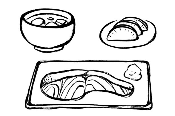 日本食品插图集味噌汤与刷触摸和烤鲑鱼与腌白萝卜图片下载