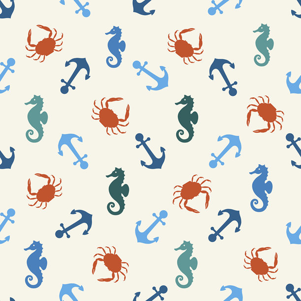 无缝矢量模式与锚，海马和螃蟹。海洋饰品。矢量插图。图片下载