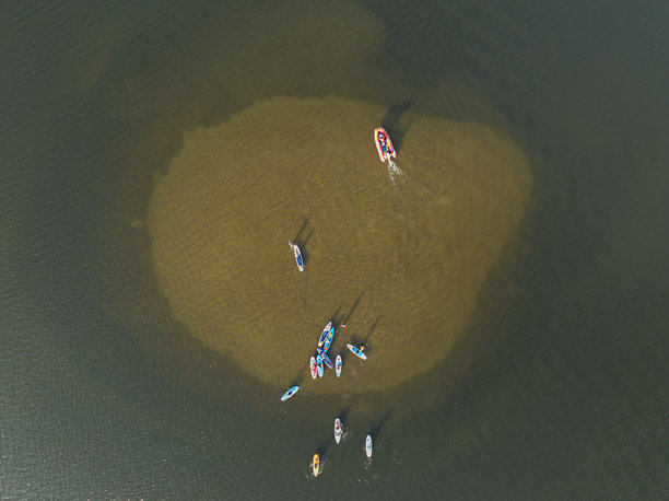 无人机拍摄的人们在湖上游泳的照片。一大群人坐在湖上的冲浪板上。站起来在湖上划桨。图片下载
