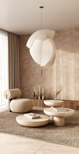 一个现代极简主义的客厅，拥有独特的家具和有效的照明解决方案，3d渲染图片下载
