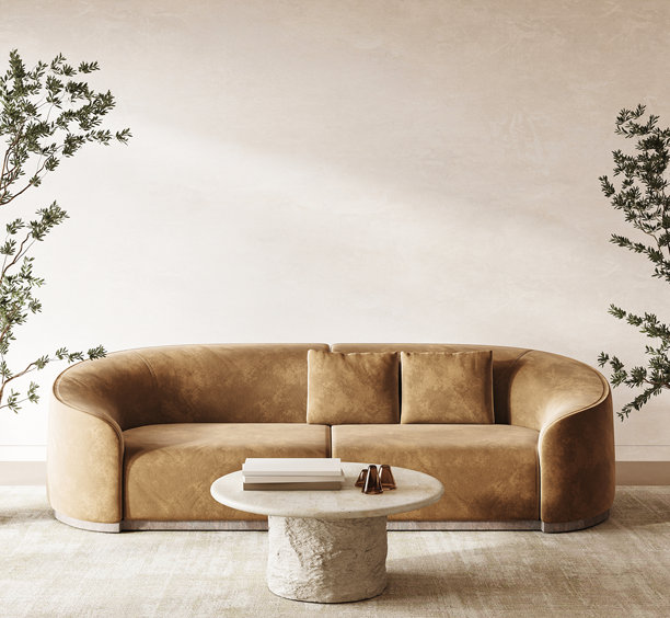 时尚的棕色沙发以及极简主义的咖啡桌和周围美丽的绿色植物，3d渲染图片下载