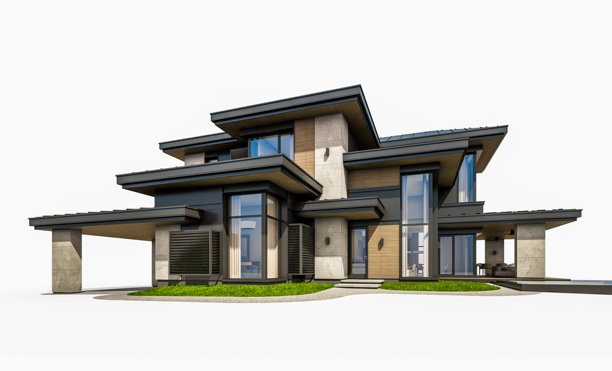 现代两层住宅的3d渲染，灰色和木材强调日光隔离在白色上图片下载