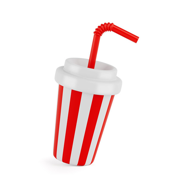 苏打软饮料条纹杯卡通图标与红色吸管。3d渲染图片下载