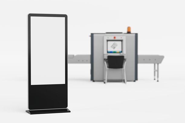 空白贸易展液晶屏幕显示展台作为模板，为您的设计在机场x射线安检行李扫描仪前。3d渲染图片下载