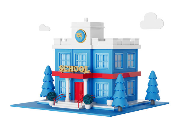 抽象场景与卡通学校大楼。3d渲染图片下载