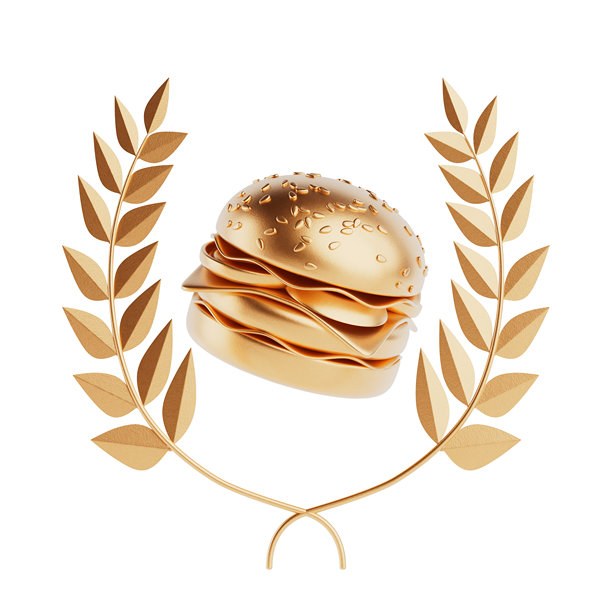 金色月桂花环与卡通美味汉堡图标3D渲染图片下载