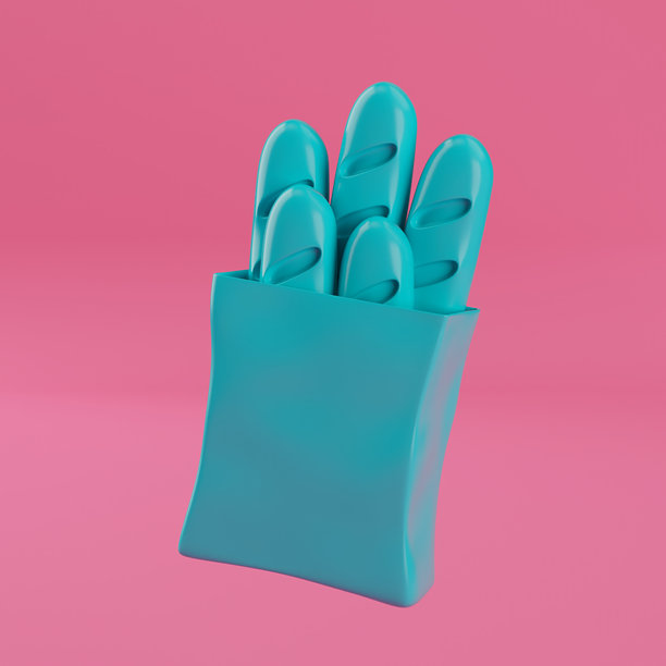 蓝色卡通法国法棍面包包装在纸袋白色图标在双色单色风格。3d渲染图片下载