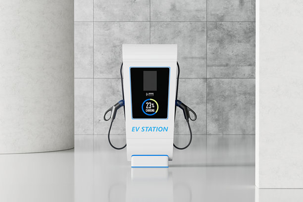 购物中心停车场电动汽车充电站的白色现代电源。3d渲染图片下载