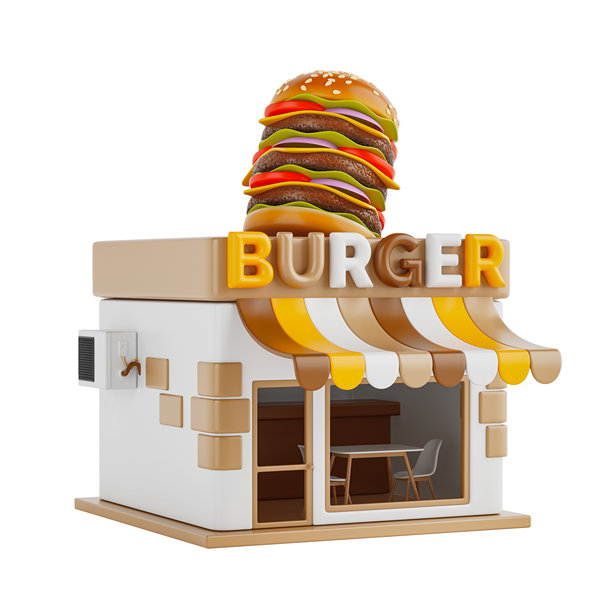 卡通汉堡店快餐建筑图标。3d渲染图片下载