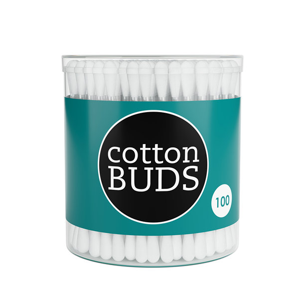 新的清洁棉耳拭子在圆柱体包与抽象品牌标签。3d渲染图片下载