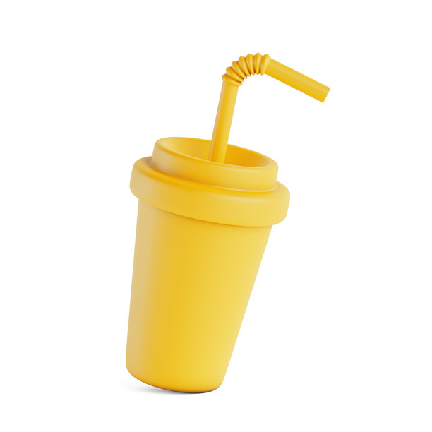 黄色苏打软饮料条纹杯卡通图标与稻草在双色粘土单色风格。3d渲染图片下载