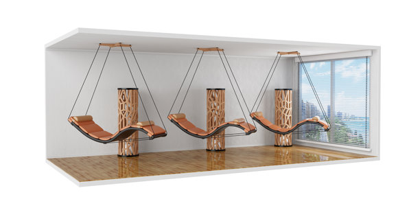 秋千浮动椅吊床挂在绳子上，用于治疗恢复放松室内部，有大窗户和木制拼花地板。3d渲染图片下载