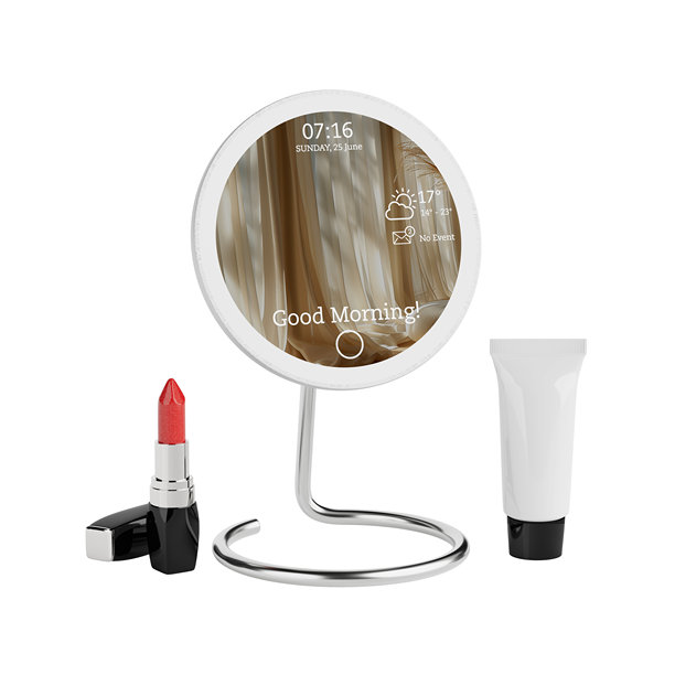 现代彩妆智能数码镜子与背光，红色口红和白色化妆品管。3d渲染图片下载