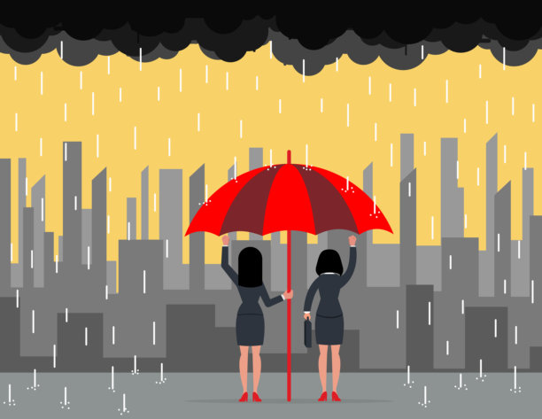 毅力和经受商业世界风暴的能力。女商人或经理撑着伞站在雨中。图片下载