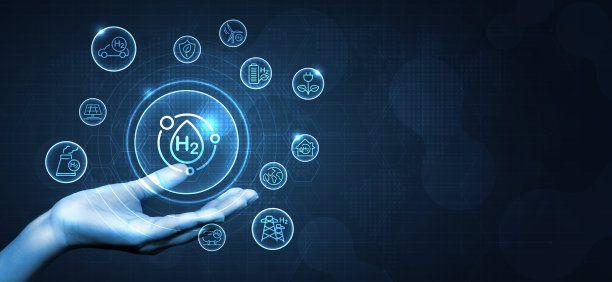 氢气氢气生产与图标。可再生能源。可再生生态能源。氢能源由可再生电力驱动，水分子呈透明状。矢量设计。图片下载