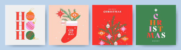 圣诞贺卡组快乐。现代艺术圣诞设计与排版和美丽的雪花，圣诞树，玩具和星星。时尚手绘插图的季节横幅，海报，封面图片下载