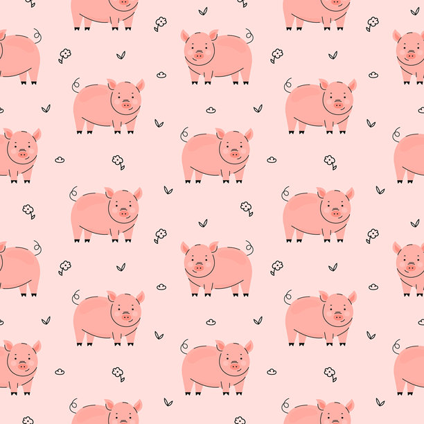 可爱的猪与花无缝图案背景。儿童图案设计。可爱的农场动物插画图片下载
