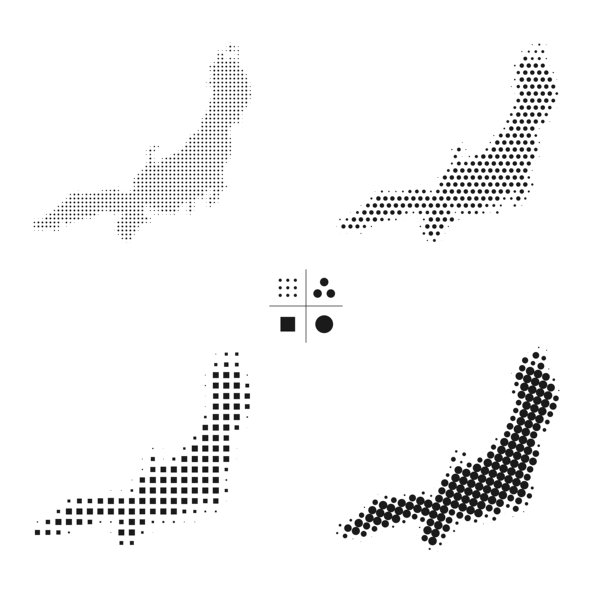 本州地图的网点- 4种不同的半色调风格图片下载