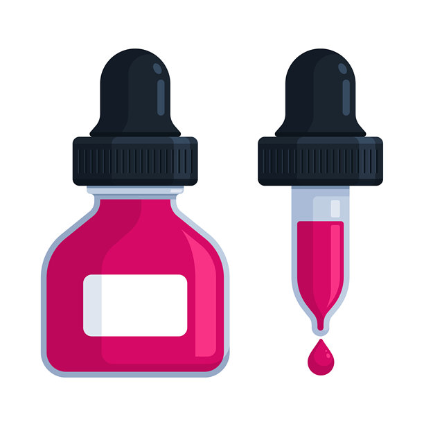粉红色滴管瓶与移液器和液滴。平面矢量插图孤立在白色背景与复制空间。油墨、染料、着色剂、酊剂、试剂、精油、血清概念图片下载