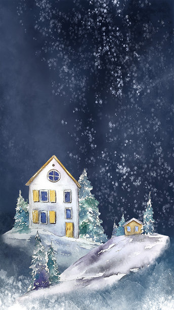 冬季圣诞插画垂直卡片黄色木屋顶平房插图在黑夜雪景背景，乡村，户外我是山图片下载