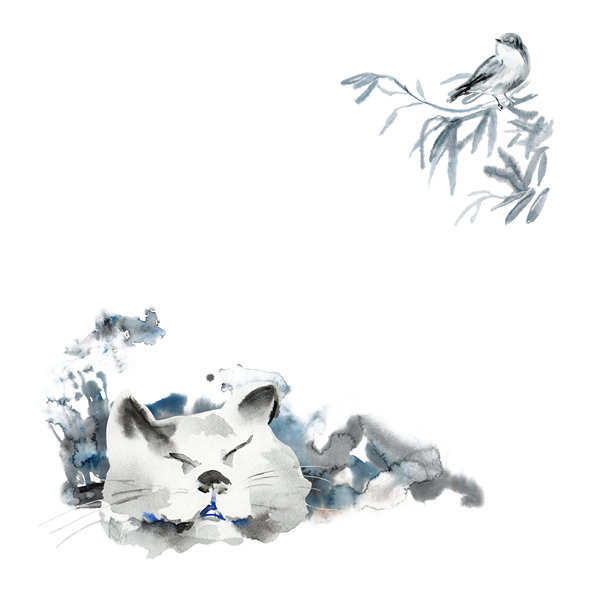 猫闭着眼睛梦到鸟。睡猫和听夜莺的歌声在橄榄枝上。柴郡猫的微笑。水彩素描是女仆在黑色和蓝色的猫和鱼的水彩染色。可以用在海报上吗图片下载