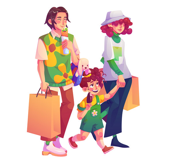 幸福微笑的一家人在商场购物图片下载