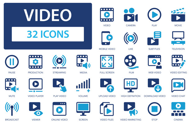 视频平面图标集。电影院，屏幕，流媒体，电影，播放，播放器，电影，暂停图标和更多的标志。平面图标集合。图片下载